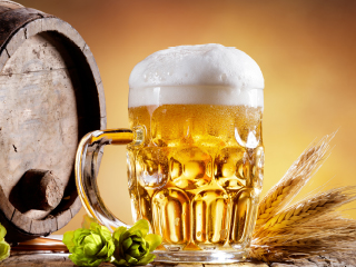 Pivo u čaši s pjenom, uz bačvu i hmelj.