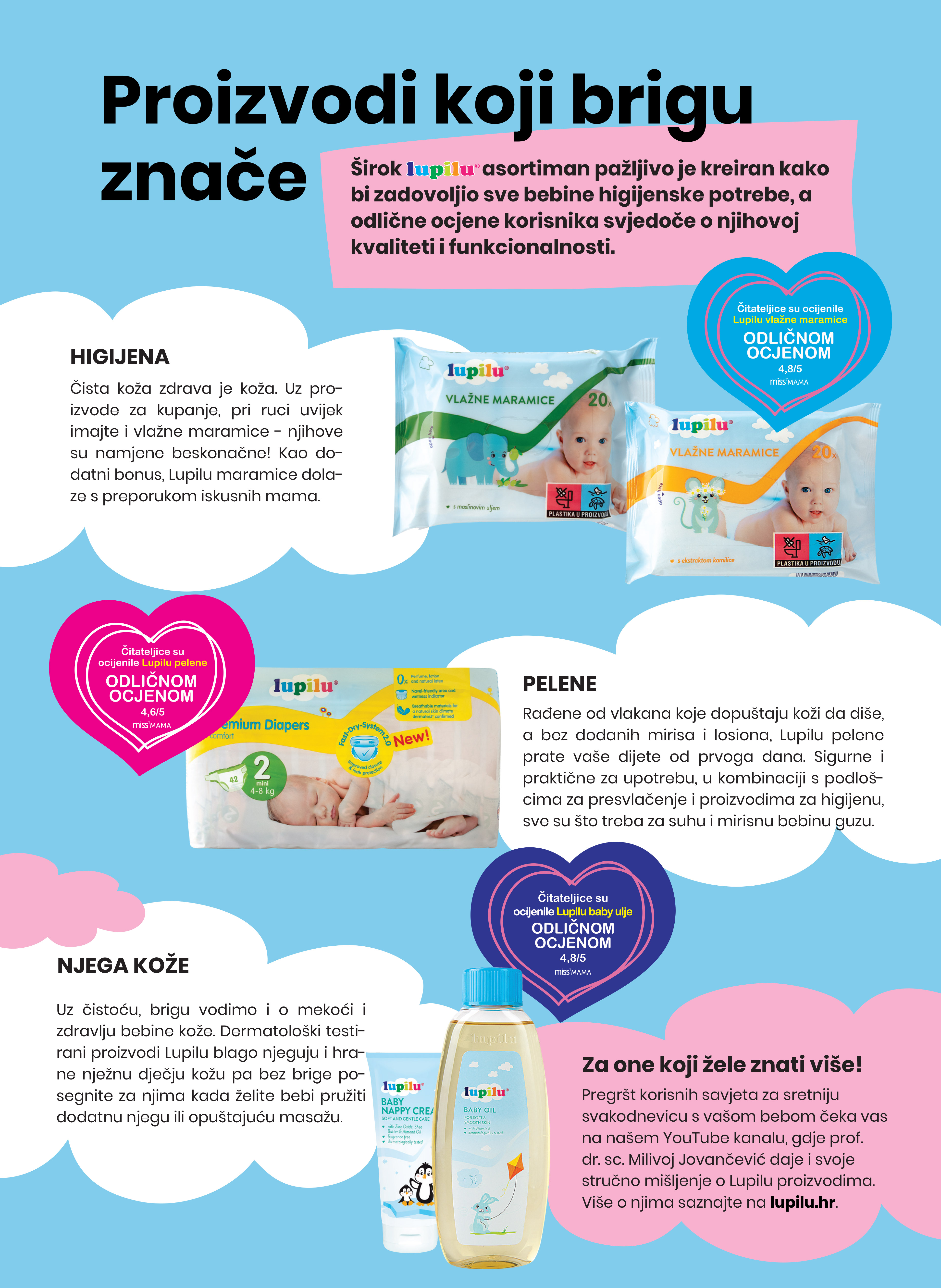 Lupilu pelene, vlažne maramice i proizvodi za njegu kože beba.
