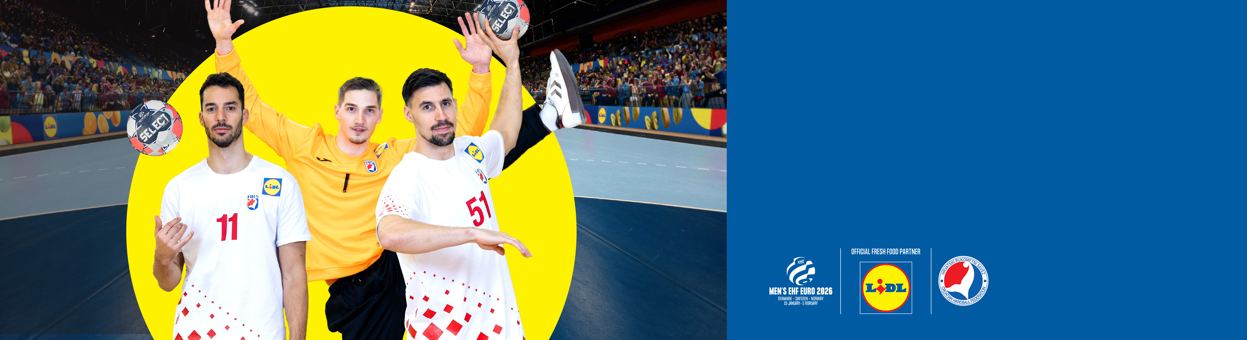 Rukometaši u Lidl dresovima s loptom, logotipom Lidl i EHF EURO 2026.