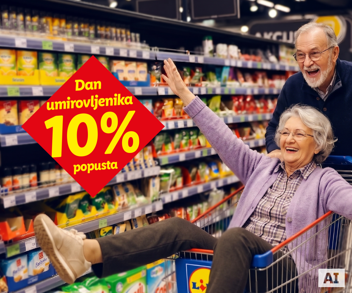 Promotivni vizual za Dan umirovljenika s popustom od 10% na kojem stariji par veselo kupuje u trgovini, s tekstom: Dan umirovljenika 10% popusta.