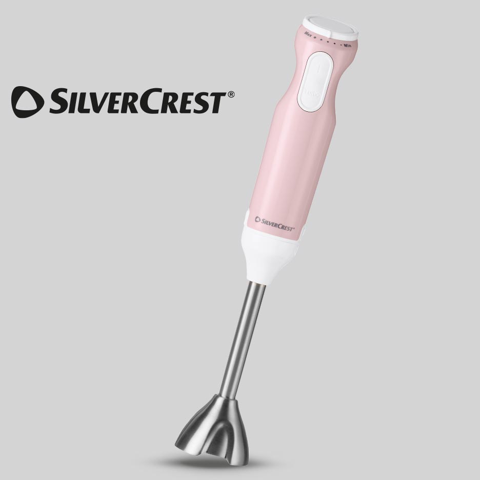 Ručni blender u ružičastoj boji s metalnom šipkom i kontrolama brzine.