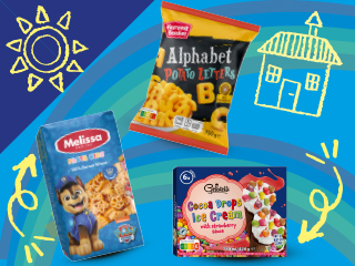 Pakiranja tjestenine Paw Patrol, čipsa s abecednim slovima i sladoleda s čokoladnim kapljicama.