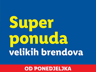 Plavi natpis s tekstom 'Super ponuda velikih brendova' i crvenom trakom 'OD PONEDJELJKA'.