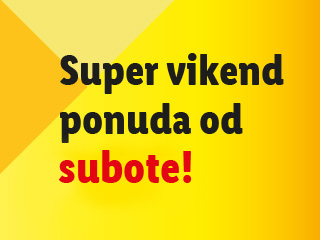 Žuti plakat s crnim tekstom koji najavljuje 'Super vikend ponuda od subote!' s riječju 'subote' istaknutom crvenom bojom.
