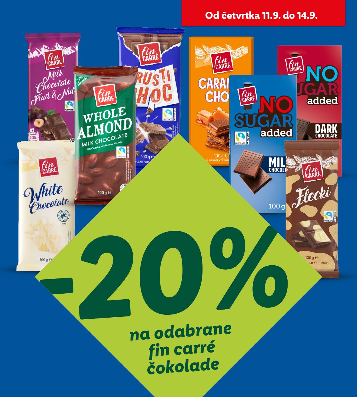 Promotivni letak za Fin Carré čokolade s popustom od 20% na odabrane vrste.