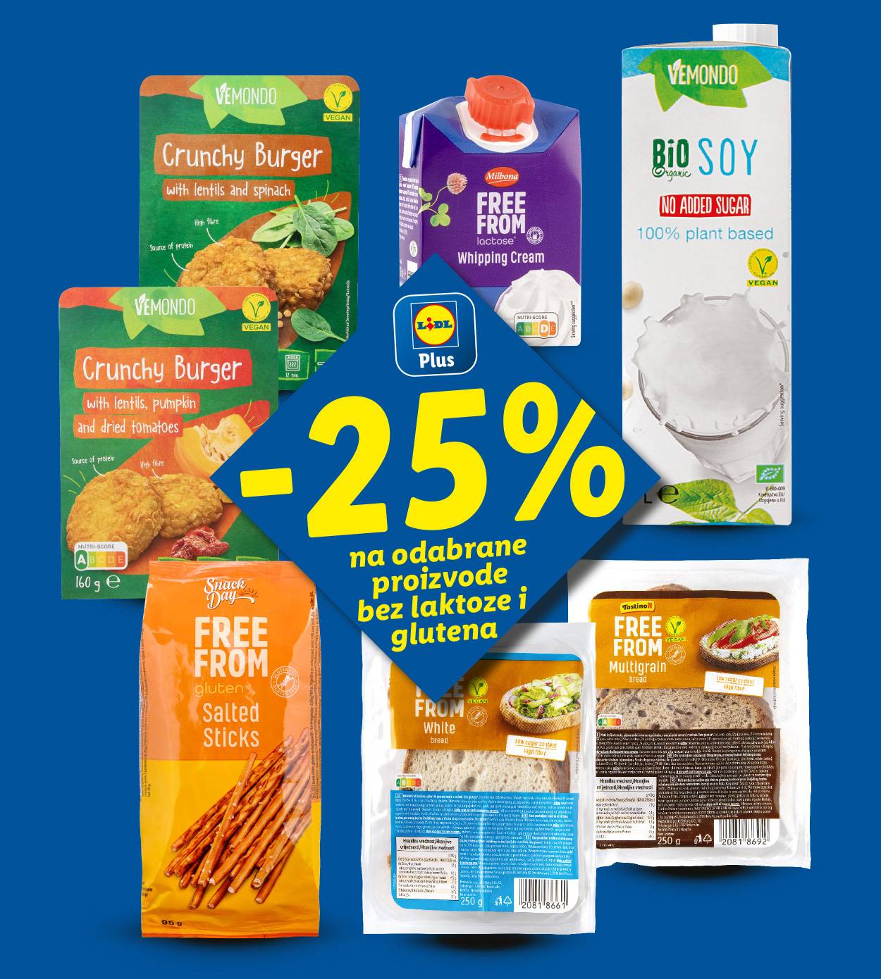 Asortiman proizvoda bez laktoze i glutena, uključujući burgere, vrhnje za šlag, sojino mlijeko, štapiće i kruh, s popustom od 25%.