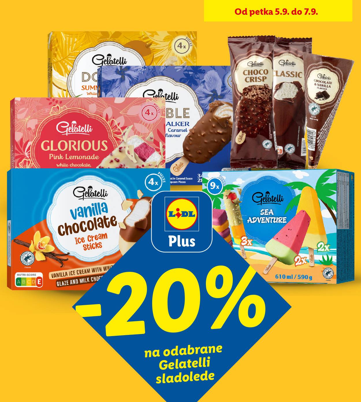 Reklama za Gelatelli sladolede, uključujući štapiće, kornete i sladolede na štapiću, s popustom od 20%.