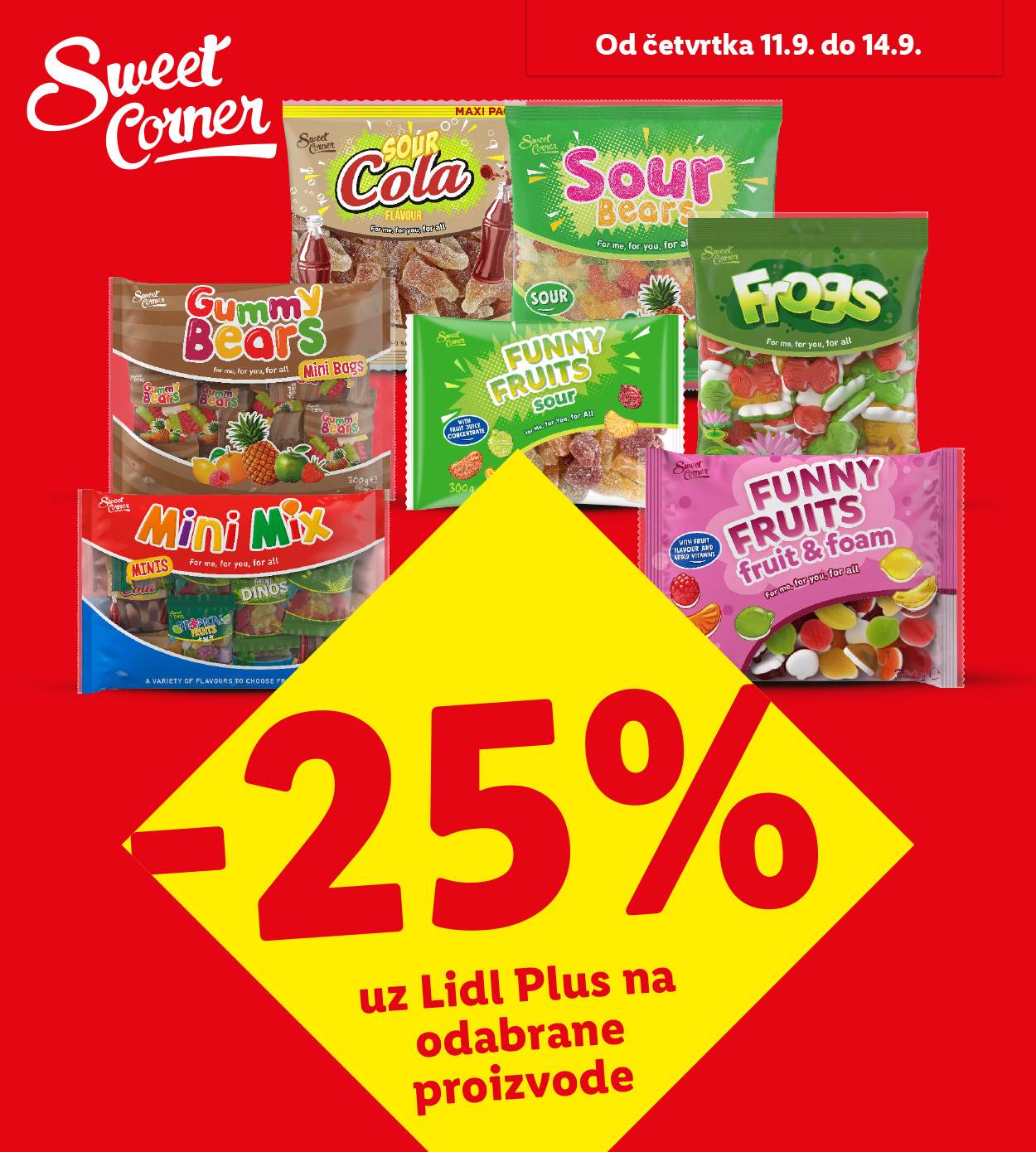 Reklama za slatkiše Sweet Corner, uključujući gumene bombone i bombone s pjenom, s popustom od 25%.