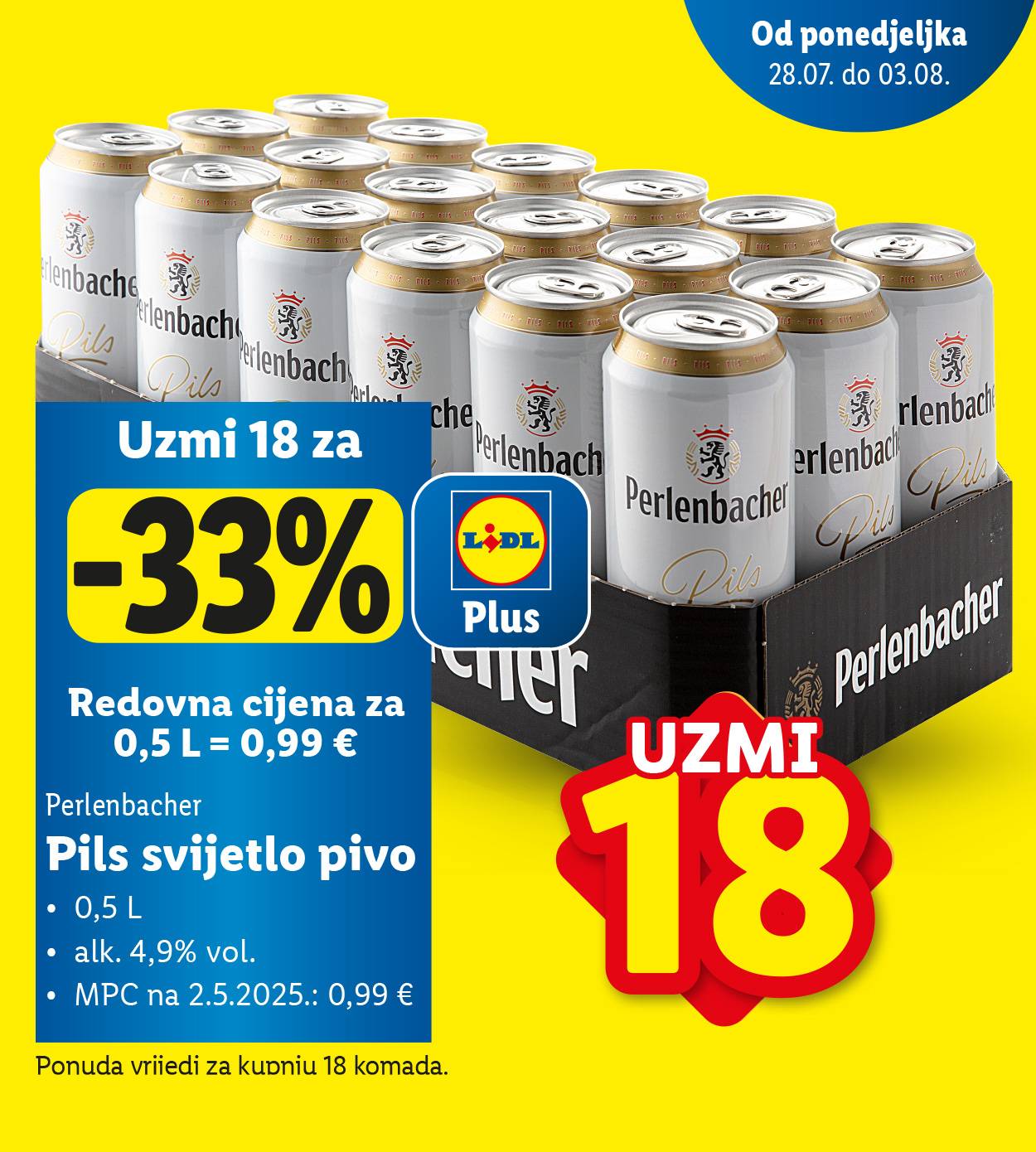 Akcija u Lidlu: 18 Perlenbacher Pils piva za -33%.
