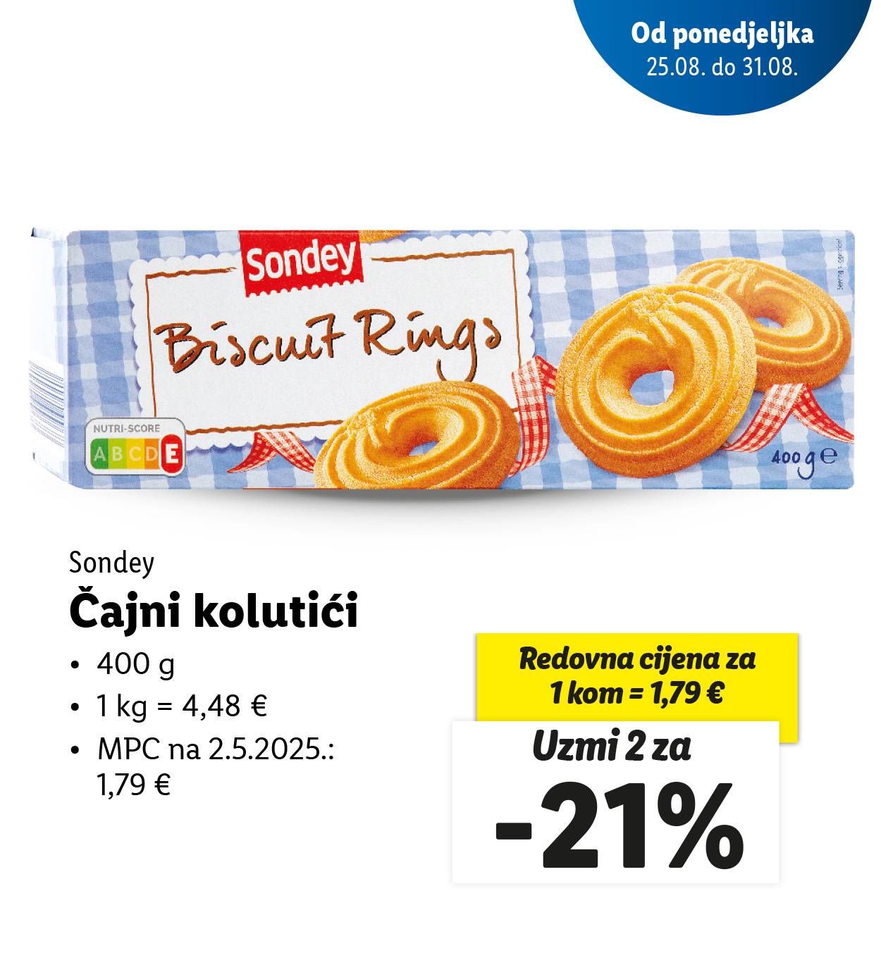 Pakiranje Sondey Biscuit Rings keksa s informacijama o cijeni i popustu.