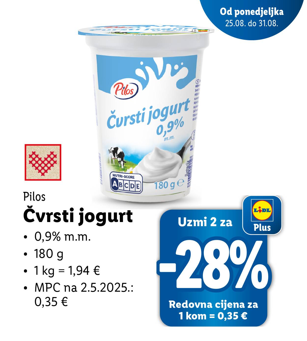 Pilos čvrsti jogurt 0,9% m.m. u pakiranju od 180g, s popustom od 28% za kupnju dva komada.