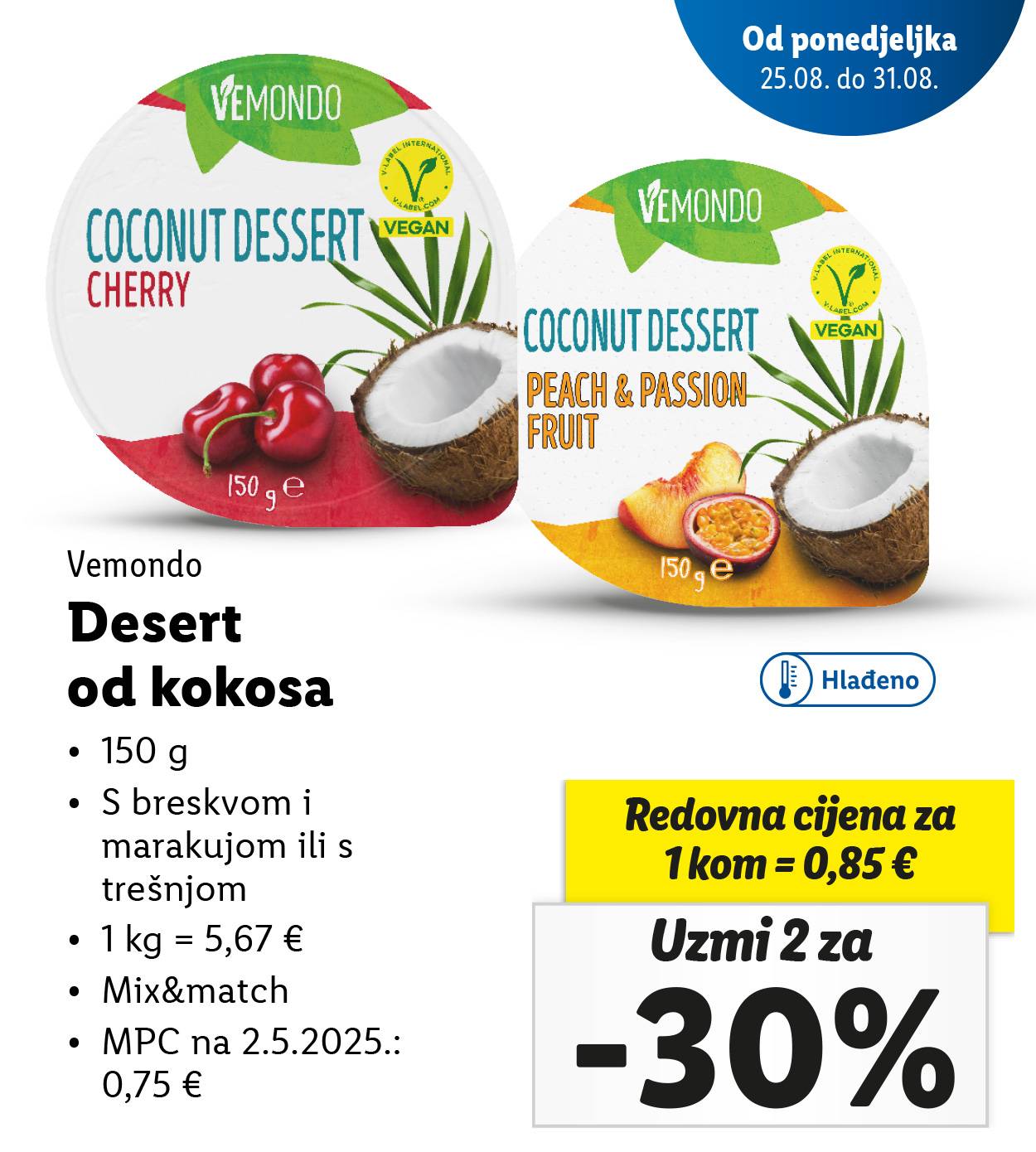 Reklama za kokosov desert Vemondo s okusima trešnje te breskve i marakuje, s cijenama i popustima.