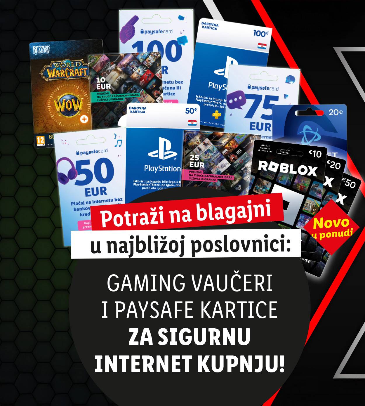 Različite gaming i Paysafecard kartice, uključujući World of Warcraft, PlayStation i Roblox.