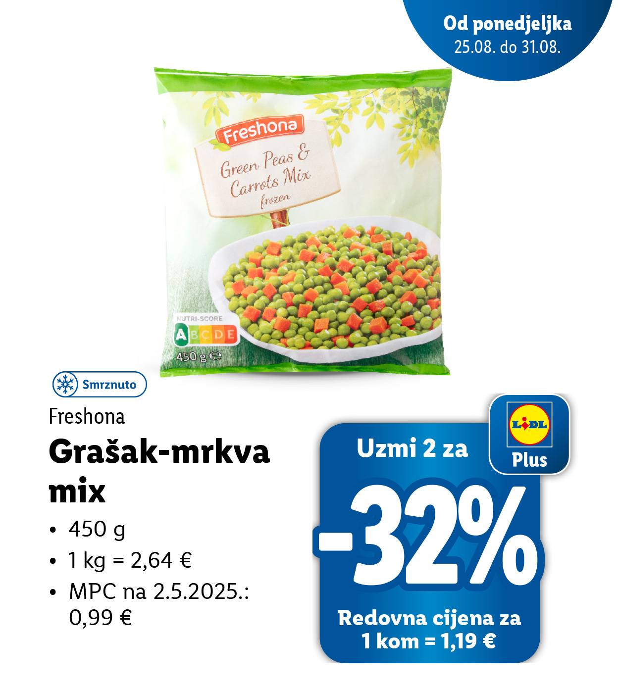 Pakiranje smrznutog miksa graška i mrkve Freshona s informacijama o cijeni i popustu.