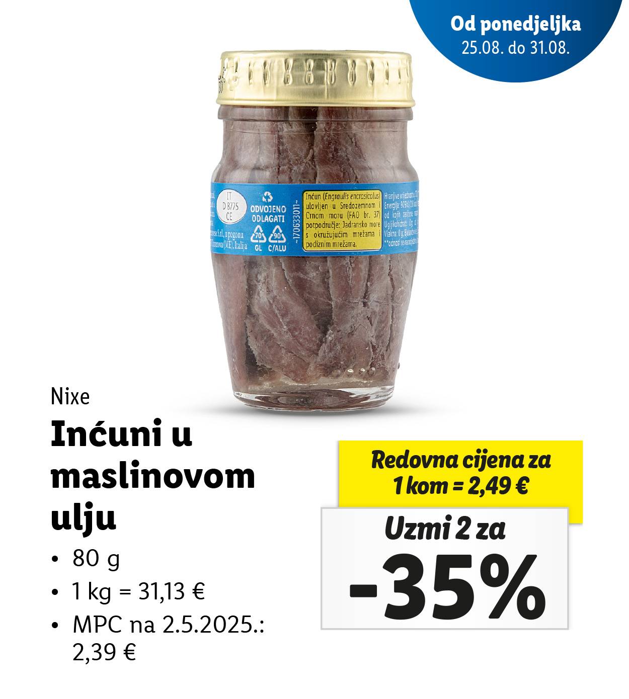 Staklenka inćuna u maslinovom ulju s informacijama o proizvodu i cijenama.