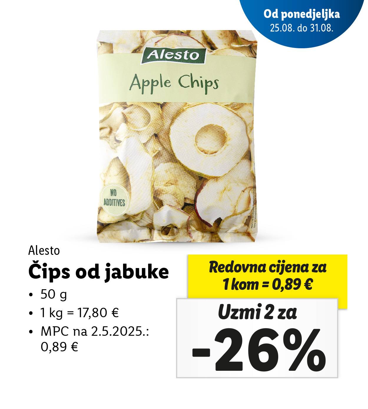 Pakiranje Alesto čipsa od jabuke s informacijama o cijeni i popustu.