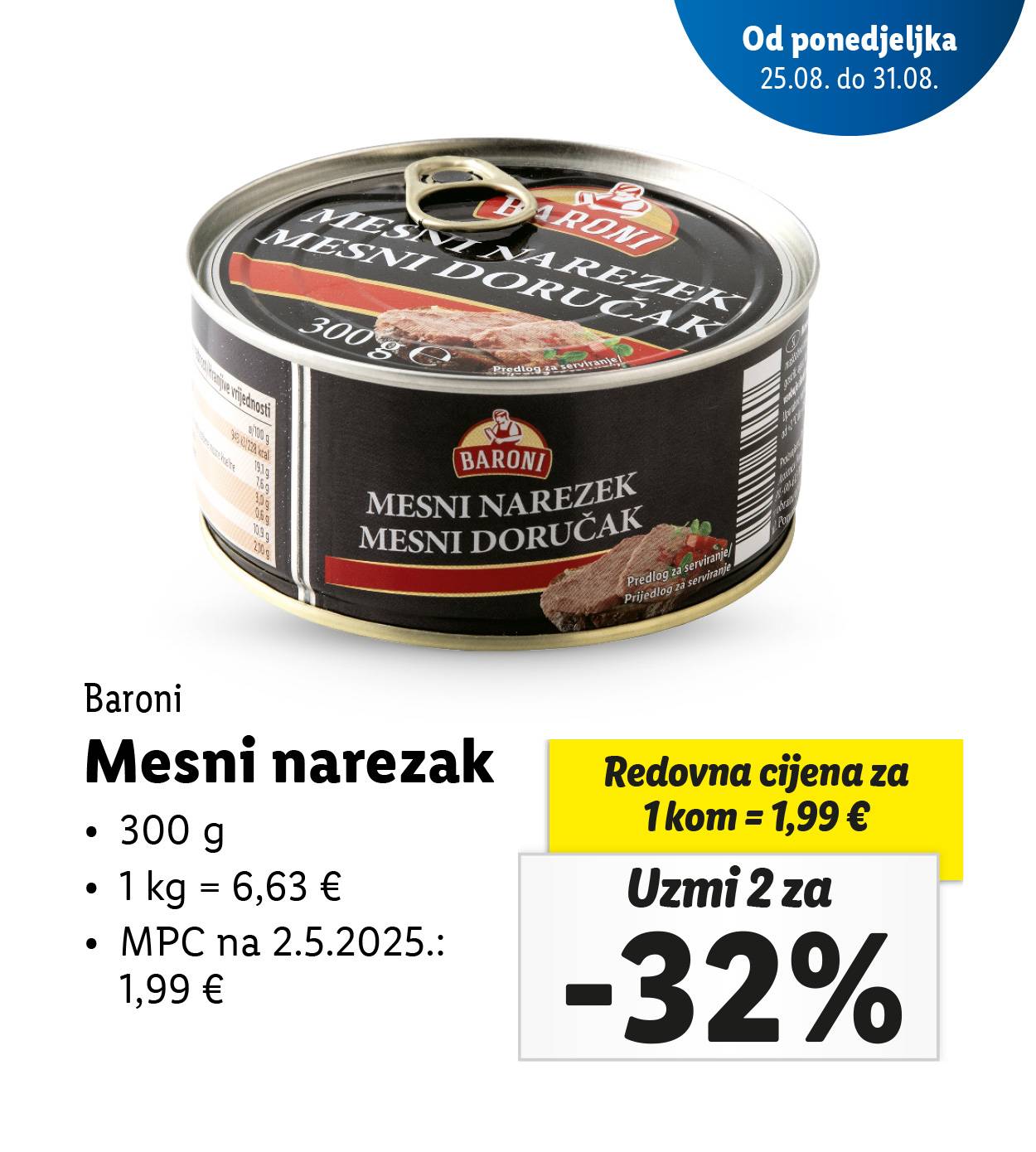 Baroni mesni narezak u konzervi s informacijama o cijeni i popustu.