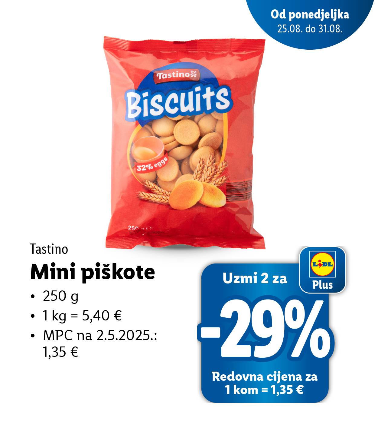 Pakiranje Tastino Mini piškota s popustom od 29% za kupnju dva komada.