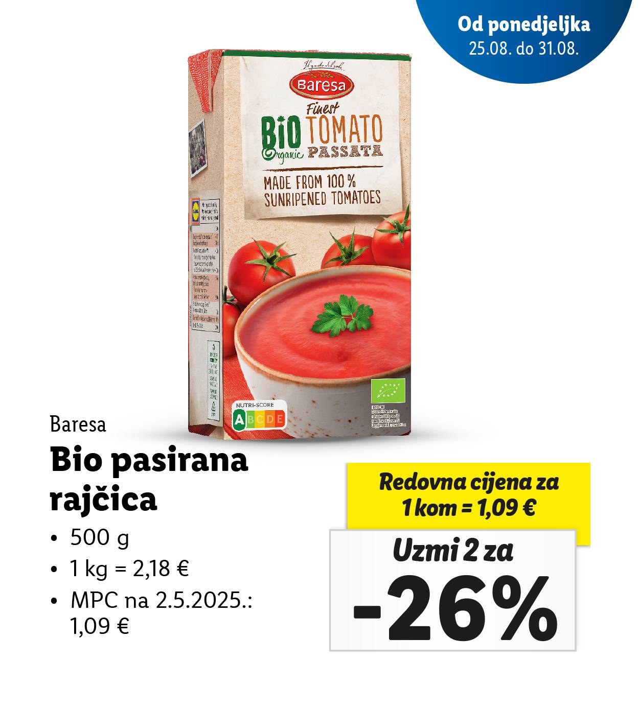 Pakiranje Baresa Bio pasirane rajčice s informacijama o cijeni i popustu.