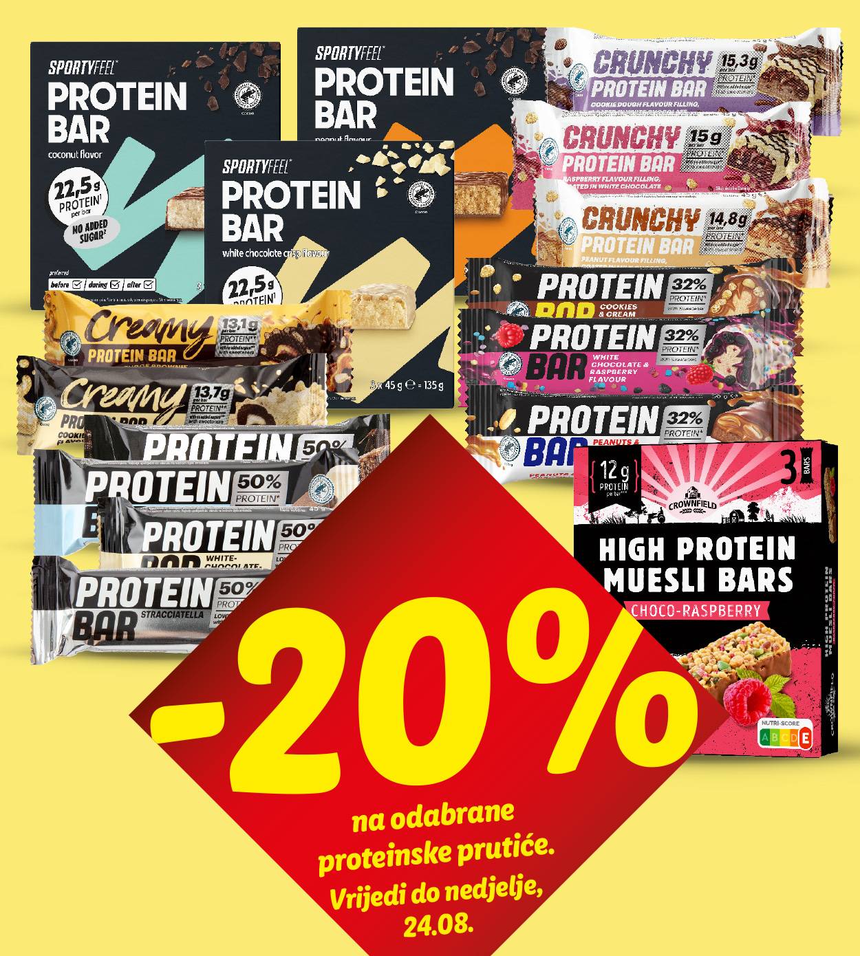 Asortiman proteinskih pločica Sportyfeel, Creamy, Protein 50%, Crunchy, Protein 32% i Crownfield s popustom od 20%.