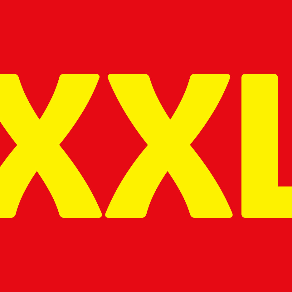 Žuti tekst 'XXL' na crvenoj pozadini, simbolizira velike proizvode ili ponude.